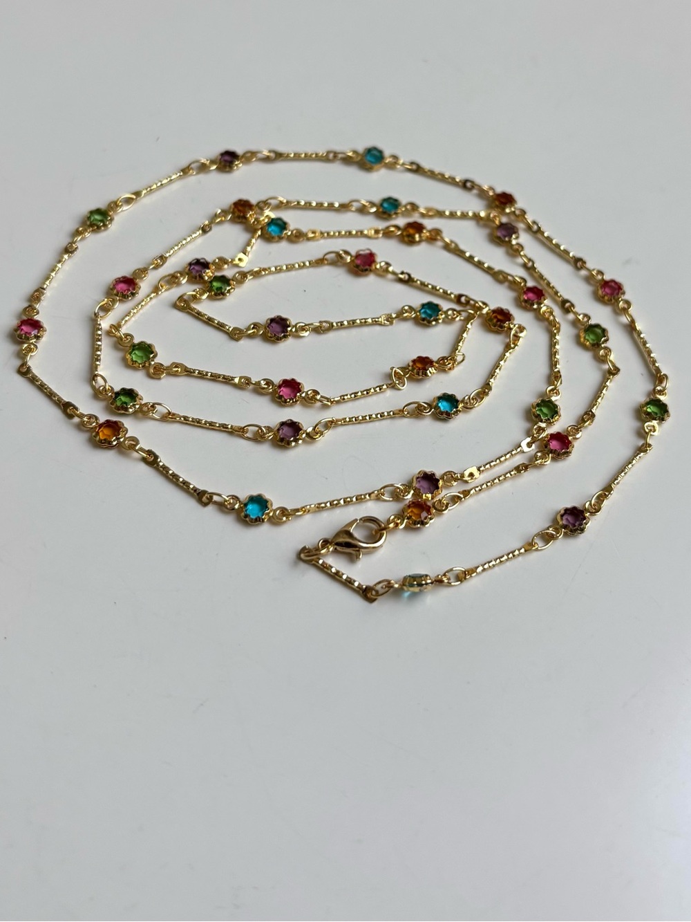 NWOT 18K Plated Gold Multicolor Rhinestone Link Chain Long Necklace - Picture 10 of 10